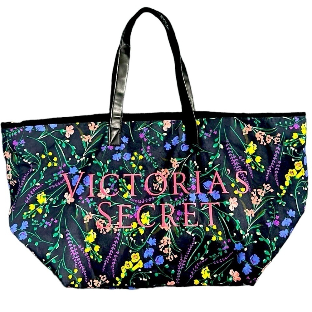 Victoria's Secret Canvas Weekender Tote Bag Black Multicolor Floral Print NEW